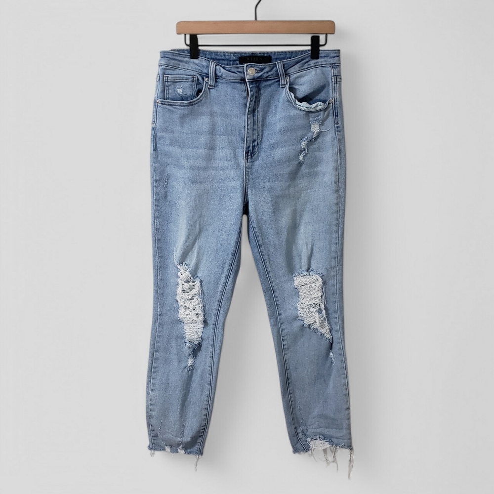 Risen Jeans High Rise Distressed Raw Hem Skinny Light Wash Sz 32/15 Grunge Rock